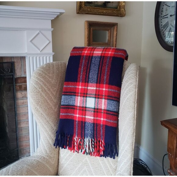 Vtg Troy Oversize Plaid Wool Fringe Throw Car Lap Stadium Bed Blanket 70" x 60" - Picture 11 of 12